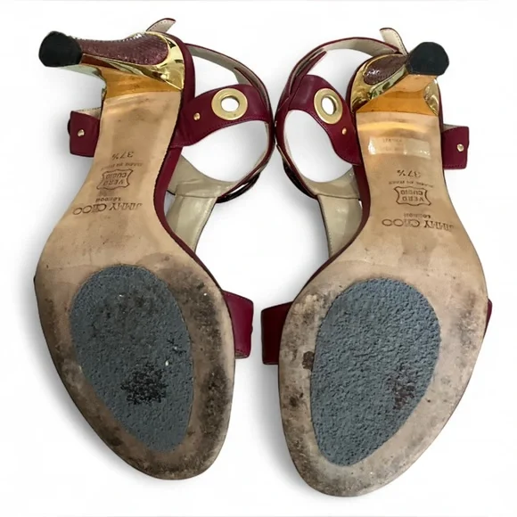 EUC JIMMY CHOO | SZ 37 1/2 | Napa Watersnake Burgundy Gold Heeled Sandals Shoes - Picture 7 of 9